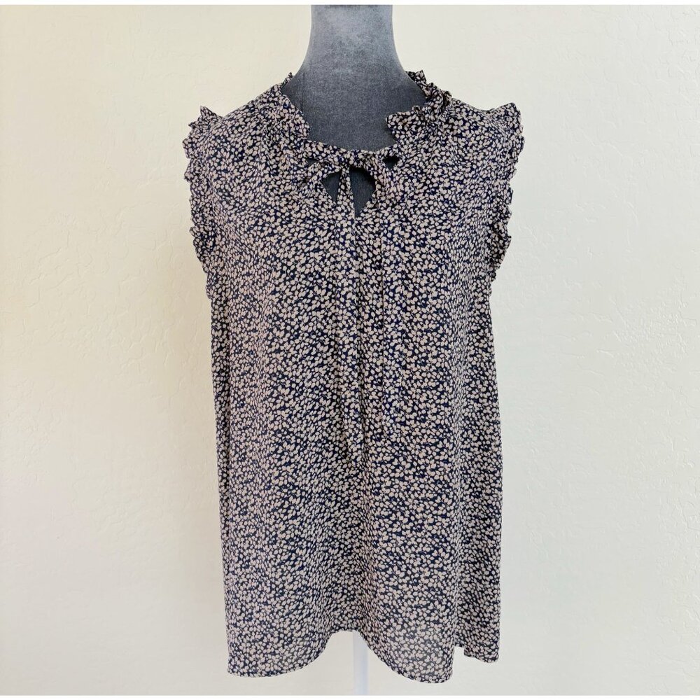 Harlowe & Graham Navy Cream Sleeveless Floral Ruffled‎ Trim Tie Neck Blouse - L